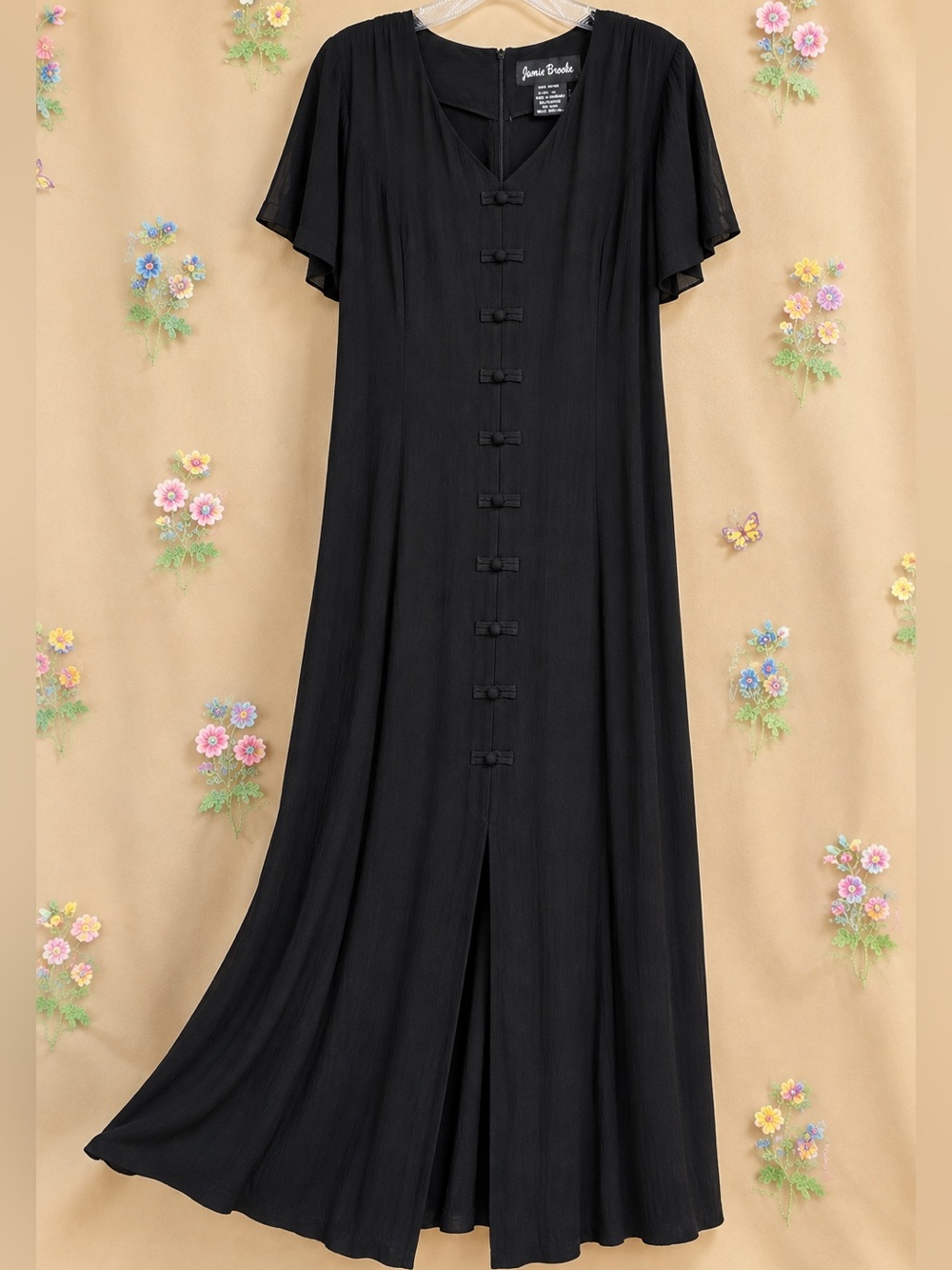 RARE Vintage 90s Jamie Brooke Black Rayon Maxi Dress Sz. 14 with Shoulder Pads